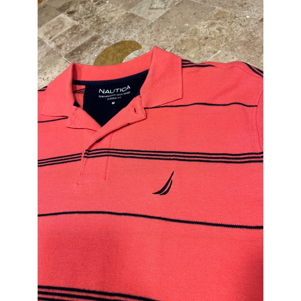 Nautica Mens Performance Deck Shirt Classic Fit Coral Pink Striped Polo Size M